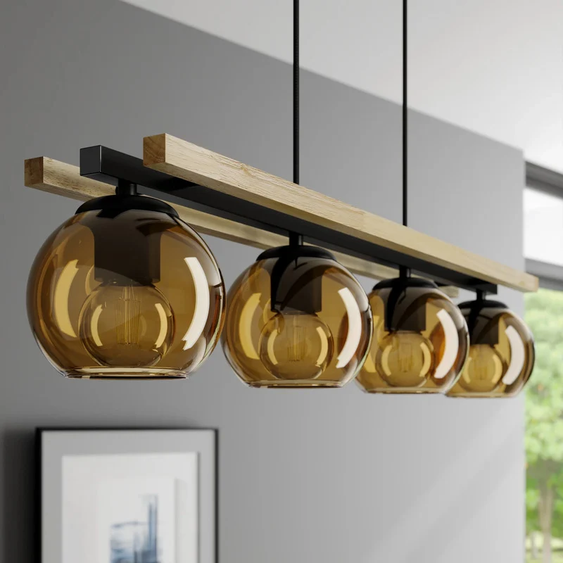 B-Ware Lindby Hängelampe Pendelleuchte Enrique Hängeleuchte amber 4flg Glas Holz E27