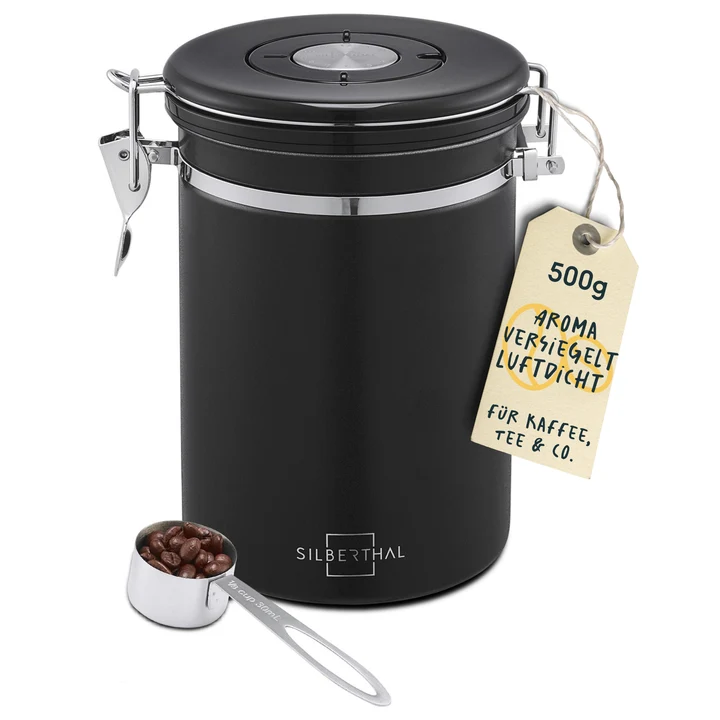 B-Ware SILBERTHAL Kaffeedose Vorratsdose luftdicht Edelstahl schwarz Aromaventil Löffel