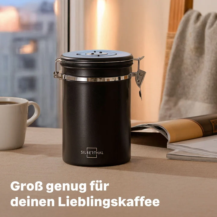 B-Ware SILBERTHAL Kaffeedose Vorratsdose luftdicht Edelstahl schwarz Aromaventil Löffel