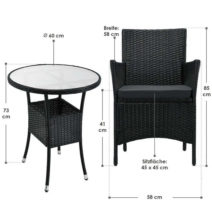 B-Ware Polyrattan Balkon Set Bayamo 2 Personen Sitzgarnitur wetterfest schwarz