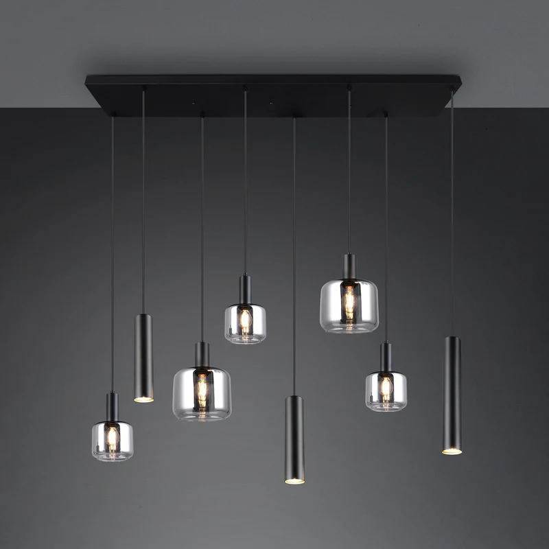 B-Ware TRIO LIGHTING Hängelampe Pendelleuchte Mataro chrom/schwarz 118cm 8-flg Glas