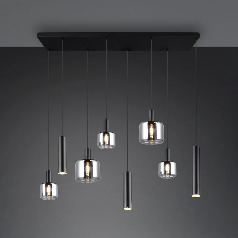 B-Ware TRIO LIGHTING Hängelampe Pendelleuchte Mataro chrom/schwarz 118cm 8-flg Glas