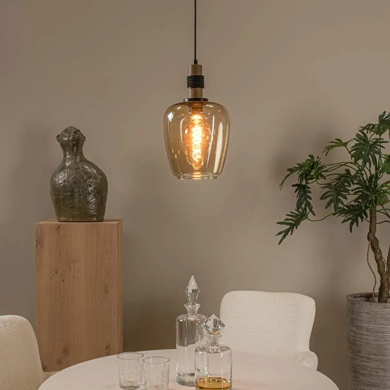 B-Ware Lucide Pendelleuchte Hängelampe Glas amber schwarz Ilona Ø 22 cm E27 LED Lampe
