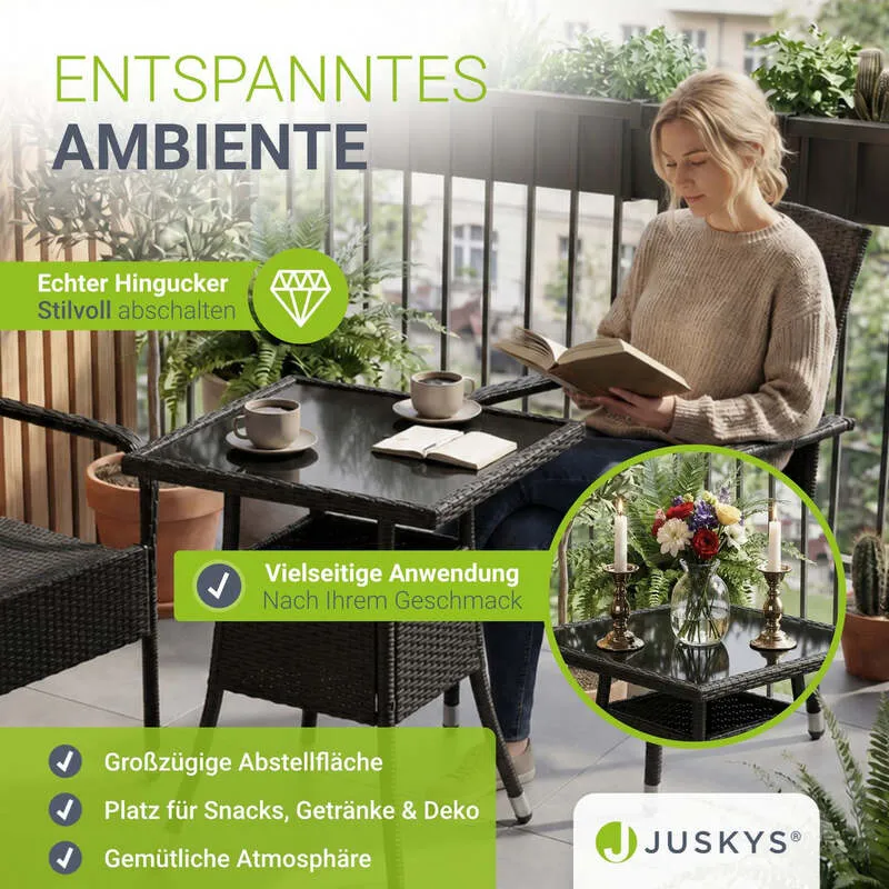 B-Ware Eckiger Gartentisch Yoro Polyrattan Glasplatte wetterbeständig 60 cm schwarz
