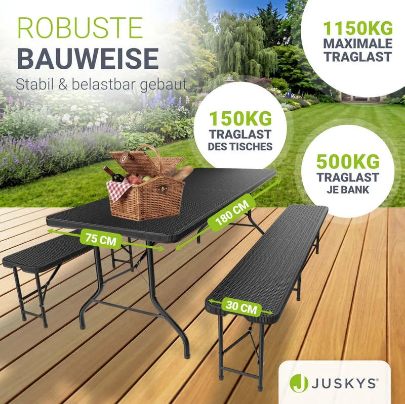 B-Ware Bierzeltgarnitur Amberg klappbar 3-teilig in Rattan-Optik schwarz 180x74cm