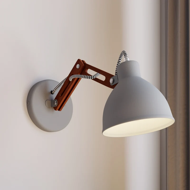 B-Ware Wandlampe Skansen Holzarm dimmbar grau Leuchte aus Holz und Metall 25cm hoch