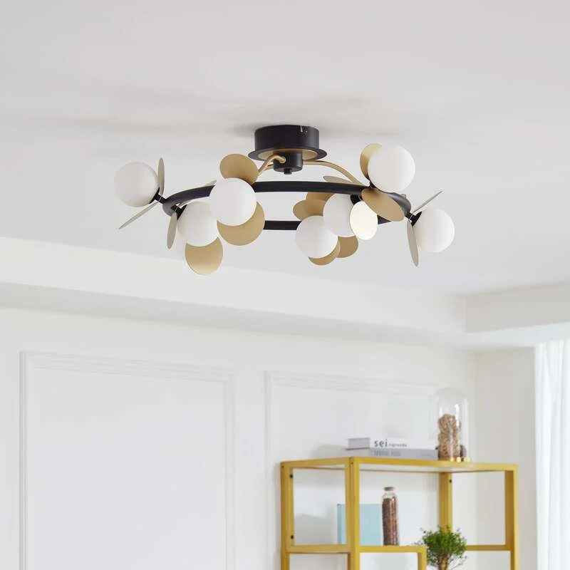 B-Ware Lucande Deckenlampe Pallo LED dimmbar 9-flg schwarz-gold Glas Ø70cm Leuchte