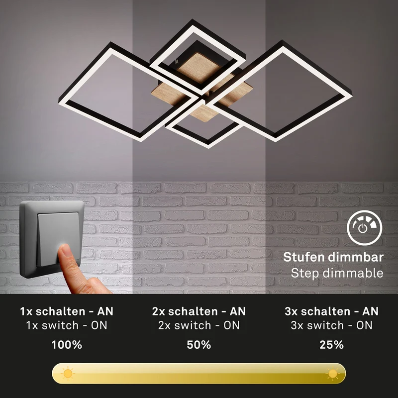 B-Ware Briloner Deckenleuchte Frame LED Lampe dimmbar Holz schwarz 4-flammig 75x47cm