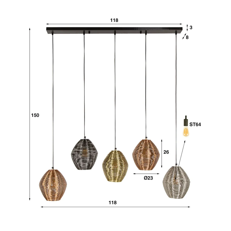 B-Ware Hängeleuchte Spoelamp 5-flammig LED Pendelleuchte dimmbar bunt metallic 118x23cm