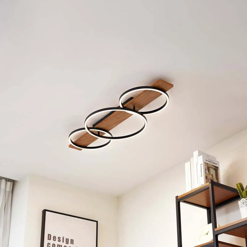 B-Ware Lindby Deckenleuchte Deckenlampe LED Lampe Galad schwarz Holz dimmbar 98 cm