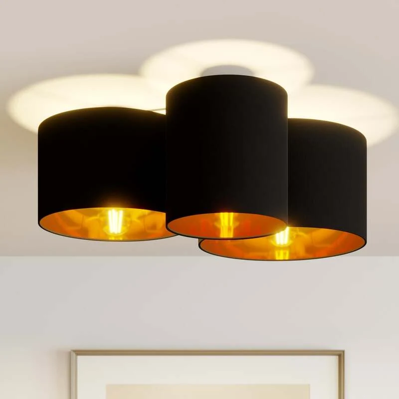 B-Ware Lindby Deckenlampe Laurenz LED dimmbar 3-flg schwarz-gold Stoff Ø61cm 25,5cm