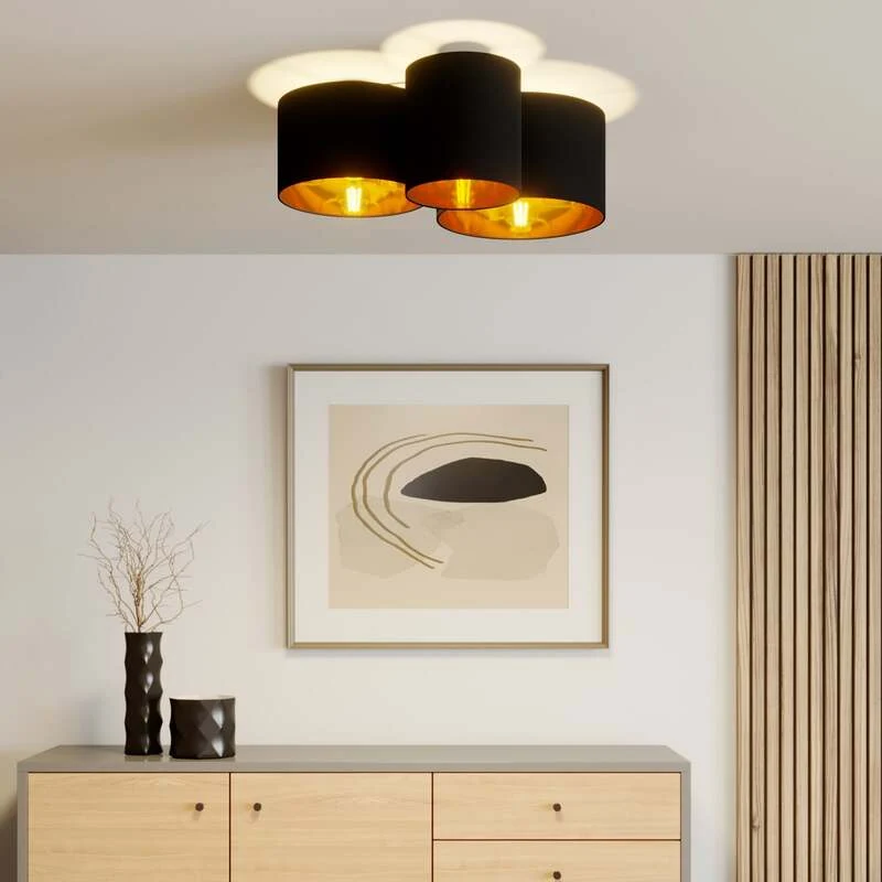 B-Ware Lindby Deckenlampe Laurenz LED dimmbar 3-flg schwarz-gold Stoff Ø61cm 25,5cm