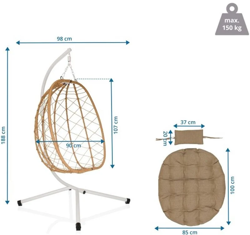 B-Ware hjh LIVING COCOVA Hängesessel weiß/beige mit Kissen UV-beständig 98x114x188 cm