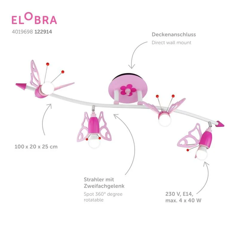 B-Ware Elobra Deckenstrahler Lampe Kinderzimmer Falter rosa 4-flammig Holz E14 100cm