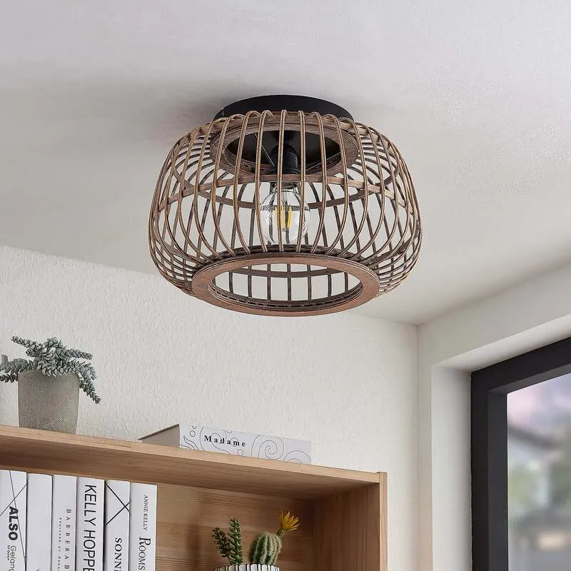 B-Ware Lindby Deckenleuchte Bominio LED Lampe Rattan schwarz matt Ø40cm dimmbar 24,5cm
