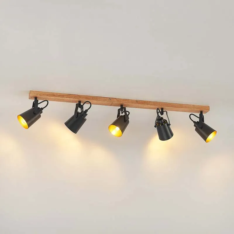 B-Ware Lindby Deckenstrahler Kimban 5-flg 106 cm Holz Metall dimmbar schwarz/gold