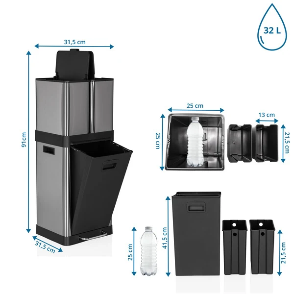 B-Ware hjh OFFICE Abfallsammler Müllbehälter CLEAN 3 Mülleimer 32L Stahl silber
