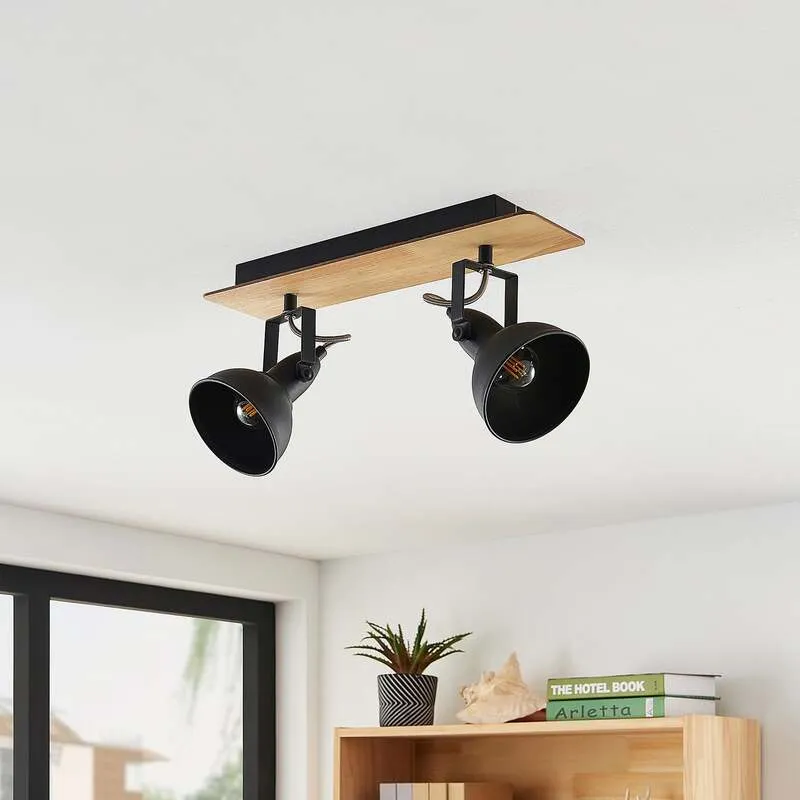 B-Ware Lindby Deckenlampe Aylis LED Lampe Leuchte dimmbar schwarz Holz 40cm 2-flg